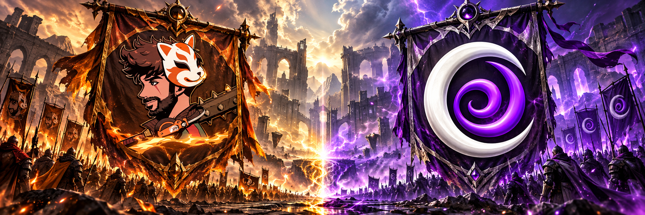 Moe's fox-mask emblem flies over an army in fiery orange light, facing Cabrzy's white-and-violet spiral emblem over a violet-lit army in a ruined fantasy arena.