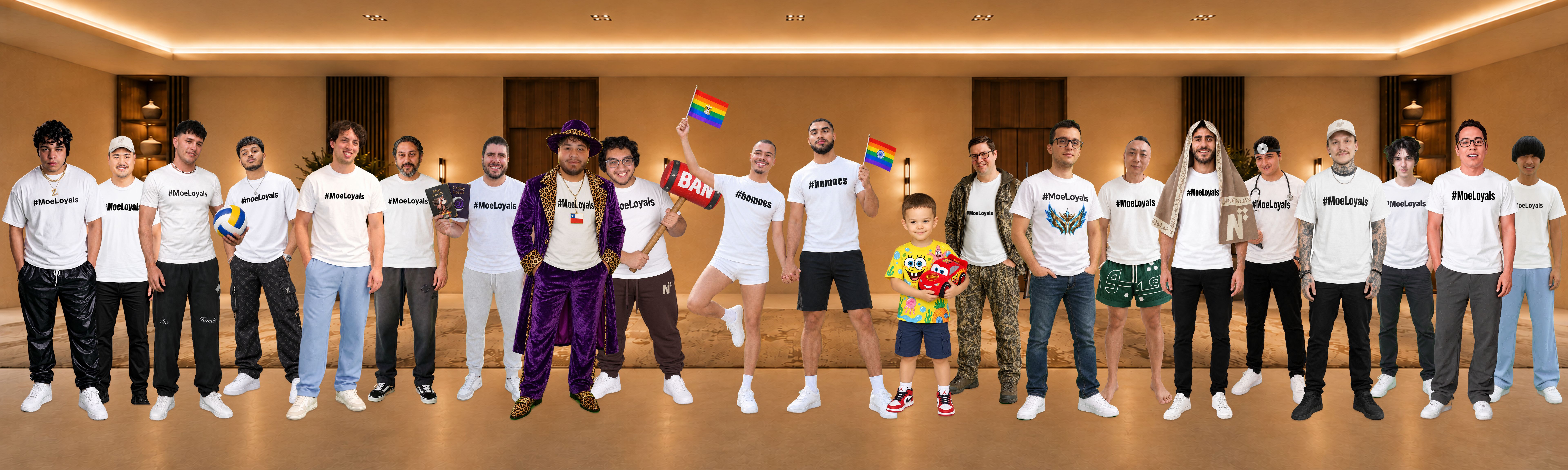 Moe Loyals gathered closely in a grand villa hallway